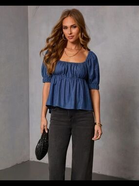Vici Denim-Blue Square Neck Peplum Contrast Back Tie Top